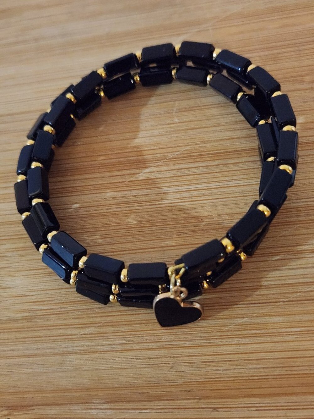 Hand Crafted Black and Gold Beaded Wrap Bracelet with Black Heart Charm
